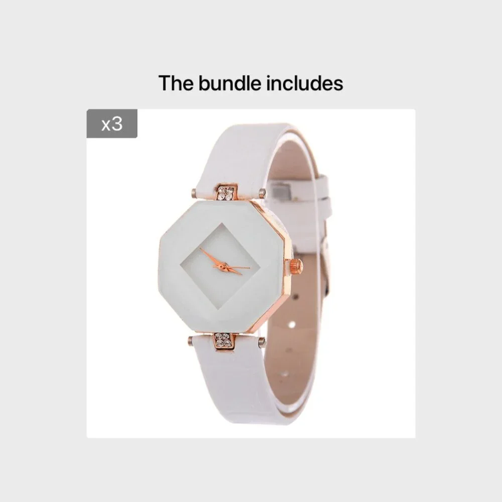 Chic Round Quartz Watch Rhinestone Decor Polygon Pointer Quartz Watch